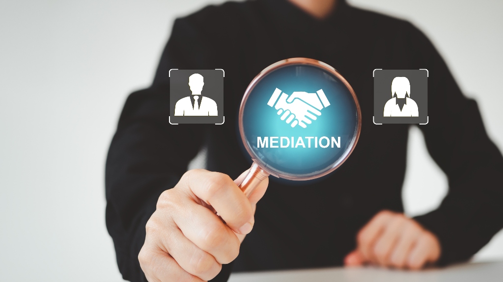 Mediation digital icon between man and woman icons
